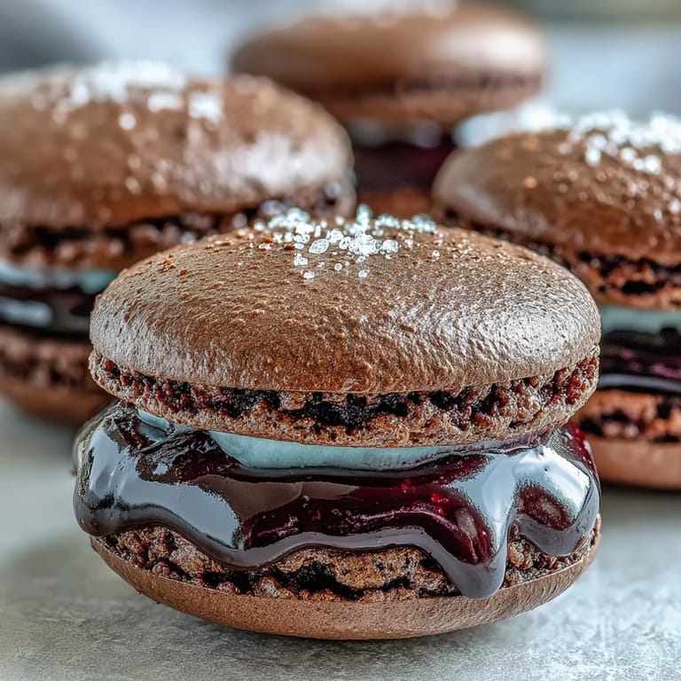 Elegant Black Currant Macarons dusted with edible glitter, ready for a special afternoon tea.
