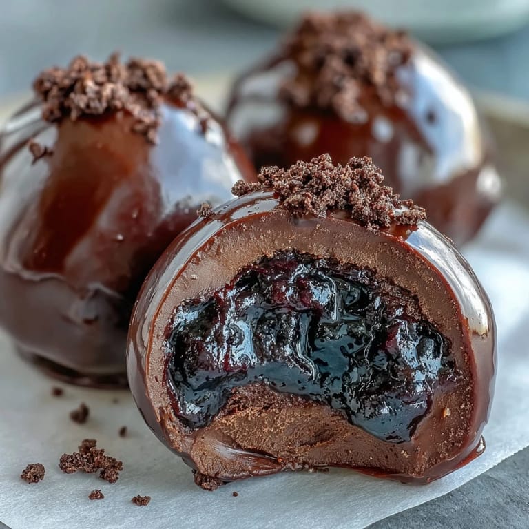 Homemade Black Currant Chocolate Truffles with a rich dark chocolate shell and freeze-dried fruit garnish.