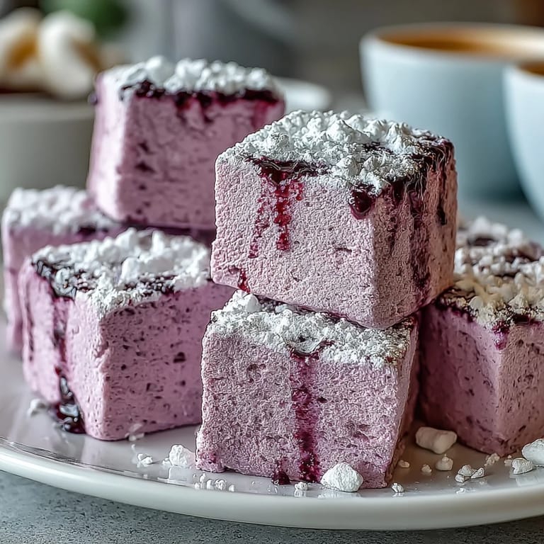 Perfectly pillowy Black Currant Marshmallows dusted with sweet powder, ideal for gourmet s'mores or floating in a cup of hot cocoa.