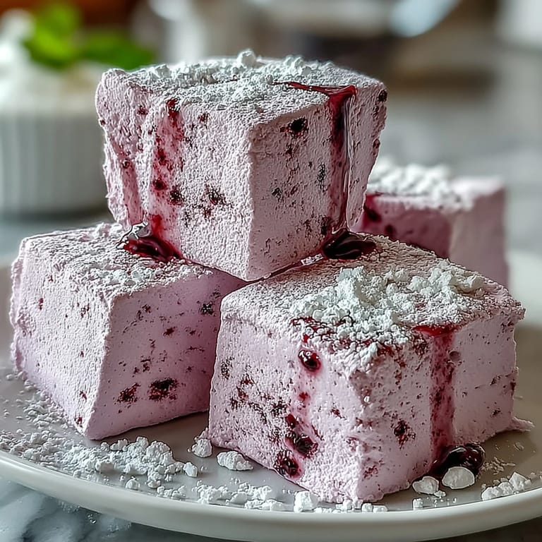 Freshly cut squares of Black Currant Marshmallows with a velvety texture, highlighting the deep purple swirls of tart, fruity flavor.