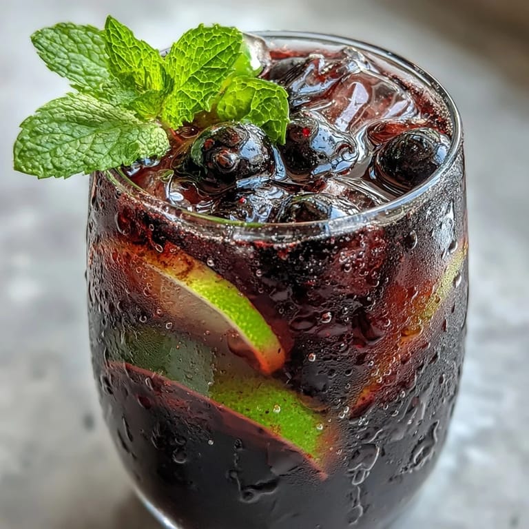 Close-up on the vibrant Black Currant Mocktail, showing bubbly sparkling water mingling with deep purple juice and a wedge of fresh lime.