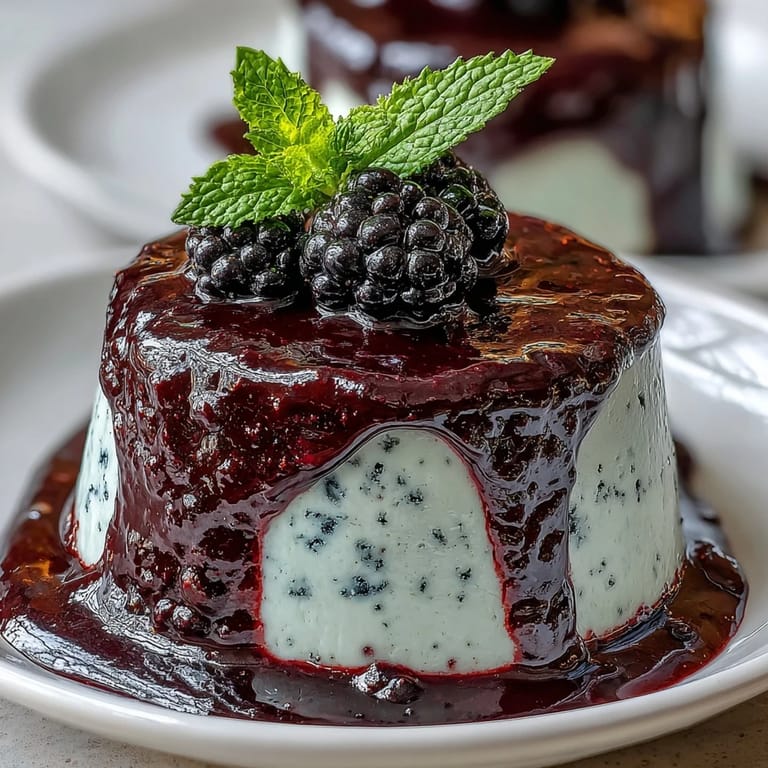 Silky Black Currant Panna Cotta served in a clear glass dish, garnished with a spoon and vibrant black currants.