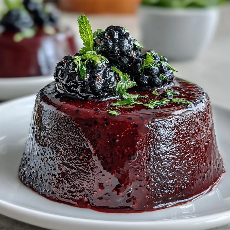 Black Currant Panna Cotta dessert with a smooth texture, drizzled in fruit glaze on a rustic marble table.