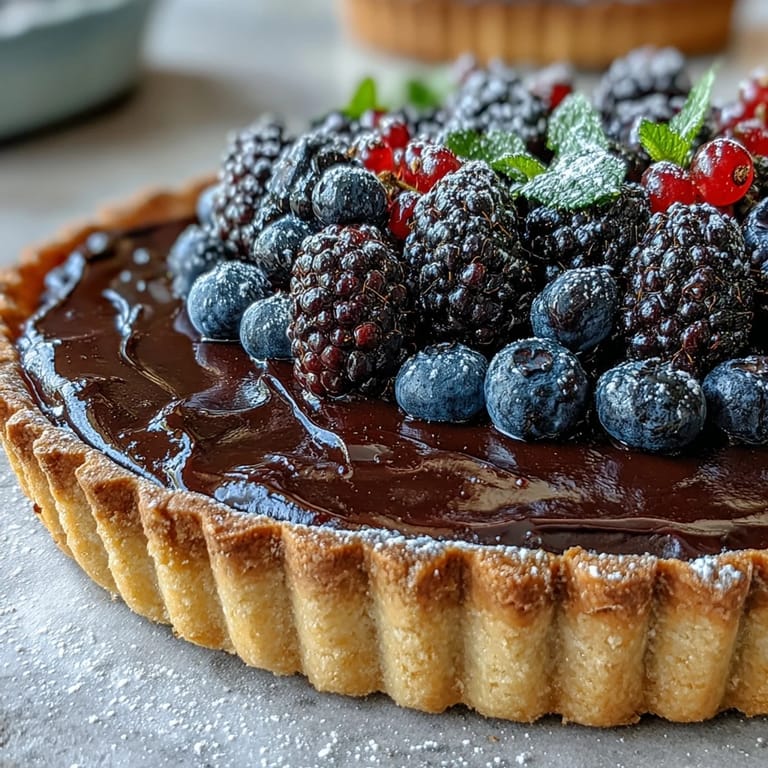 A freshly baked Black Currant Fruit Tart dusted with powdered sugar, served on a marble counter with mint garnish.