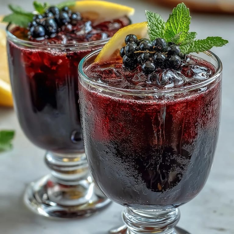 Chilled Black Currant and Cassis Cocktail poured over ice cubes, ready to serve as an elegant French aperitif.