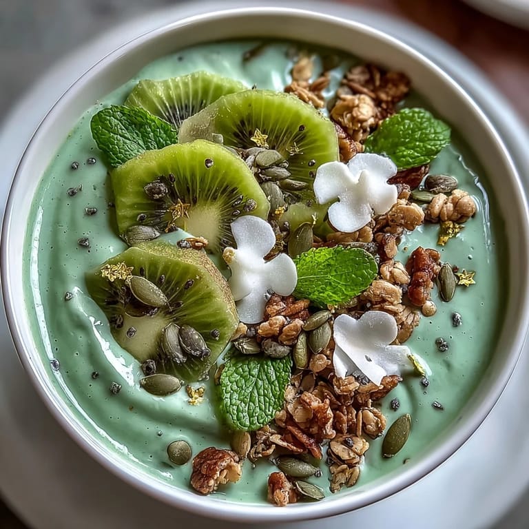 A creamy protein-packed green smoothie bowl with avocado, spinach, and festive shamrock kiwi decorations.