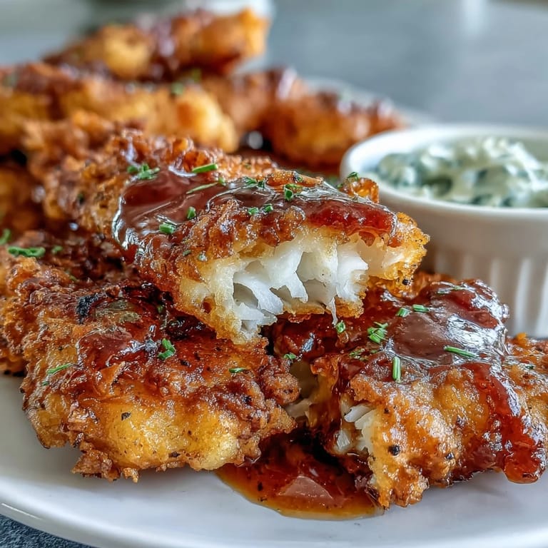 Southern-style fried catfish with a crunchy cornmeal coating, golden brown and served with a tangy, homemade remoulade sauce.