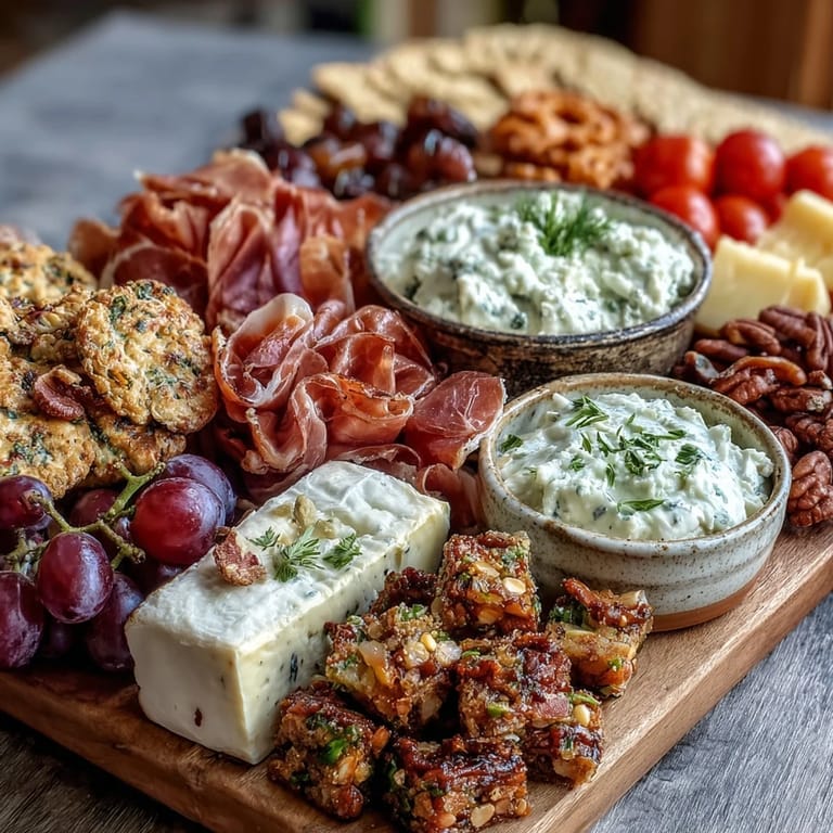 A festive spread of prosciutto, brie, hummus, and fresh fruits on a beautifully arranged charcuterie board.  