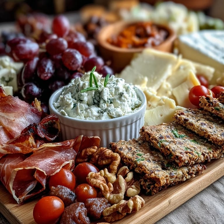 An inviting housewarming party charcuterie board filled with savory meats, cheeses, dips, and colorful produce.