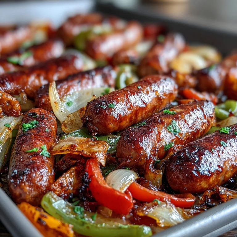 Golden-brown sausages nestled among tender roasted peppers and onions, seasoned with herbs and spices for a comforting, gluten-free dinner.