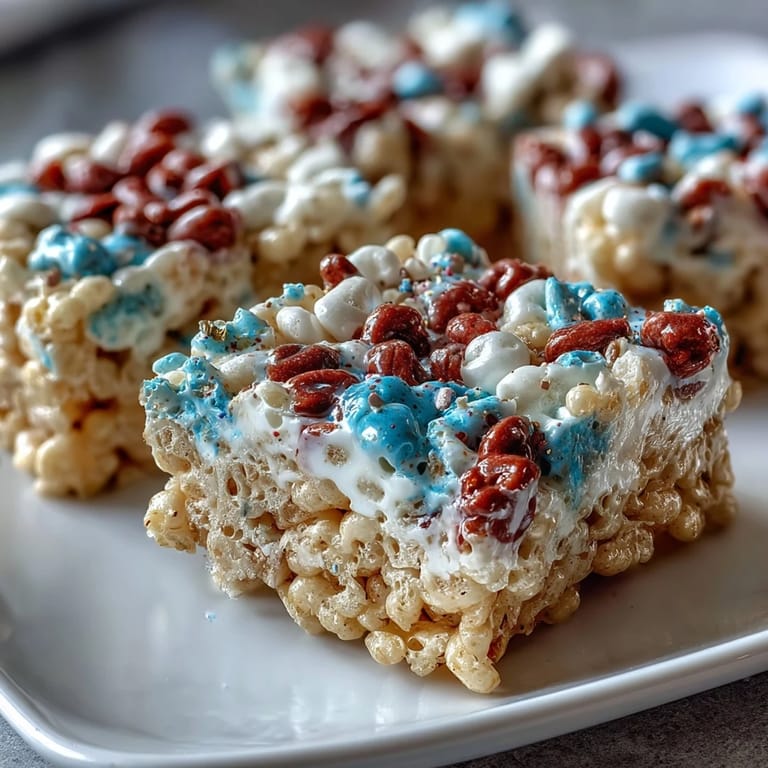 Sweet, gooey, and fun 4th of July Rice Krispies treats, layered in red, white, and blue for a festive dessert.