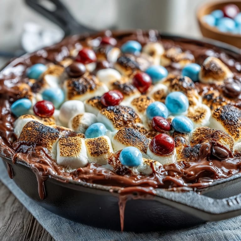 Gooey s'mores dip with toasted marshmallows and chocolate, served warm with graham crackers for dipping.