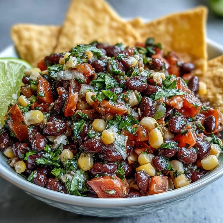 Creamy black bean and sweet corn cowboy caviar dip, packed with fresh pico de gallo for a zesty, crowd-pleasing appetizer.