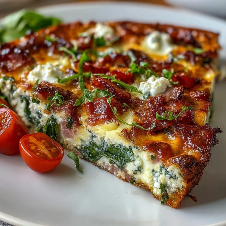 Hearty One-Pan Ham and Swiss Frittata featuring fluffy eggs, savory ham, and nutty Swiss cheese in every slice.