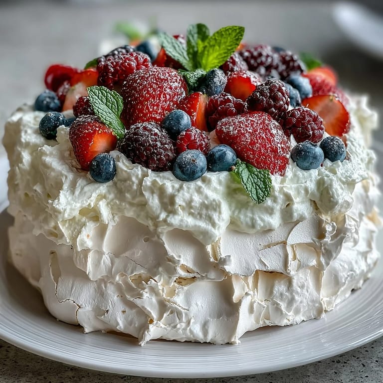 Light and airy pavlova dessert with golden crisp edges, soft marshmallow center, and generous topping of seasonal berries and vanilla cream.