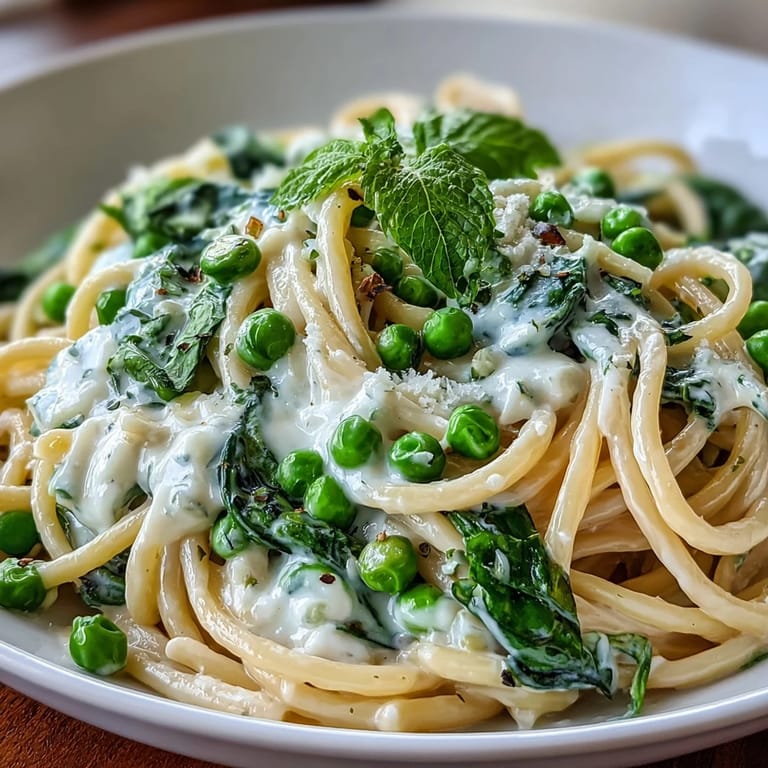 Spring pasta with lemon cream sauce, tender peas, and Parmesan in a silky vegetable medley.