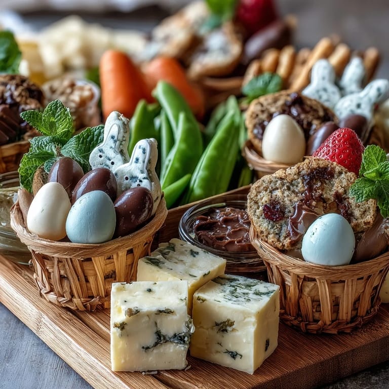 Colorful mini Easter basket treat board filled with cheeses, cured meats, fruits, and sweet candies, beautifully arranged for festive spring gatherings.