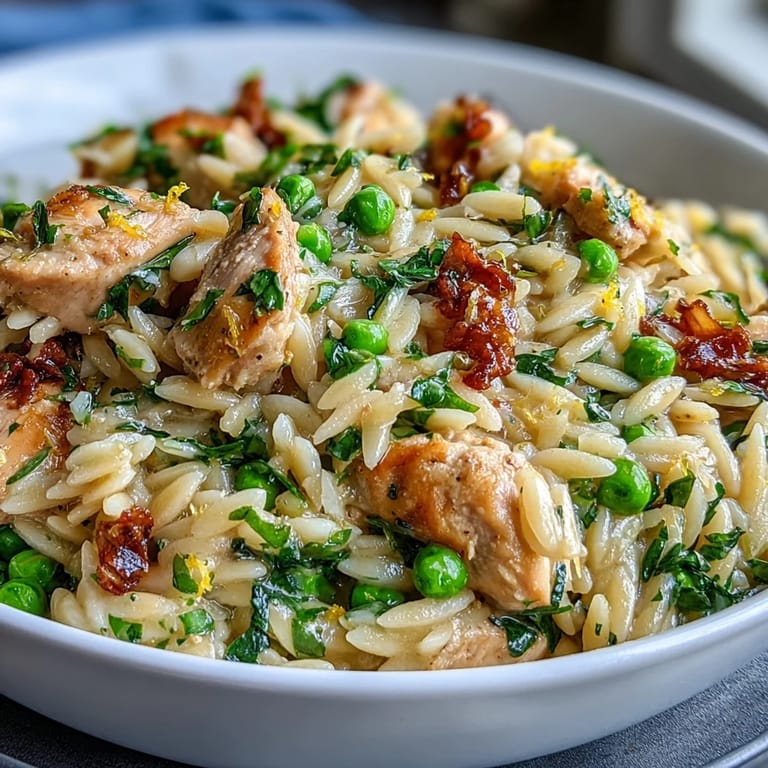 Easy One-Pot Lemon Orzo dinner featuring golden chicken, green peas, and zesty lemon in a creamy Parmesan sauce.