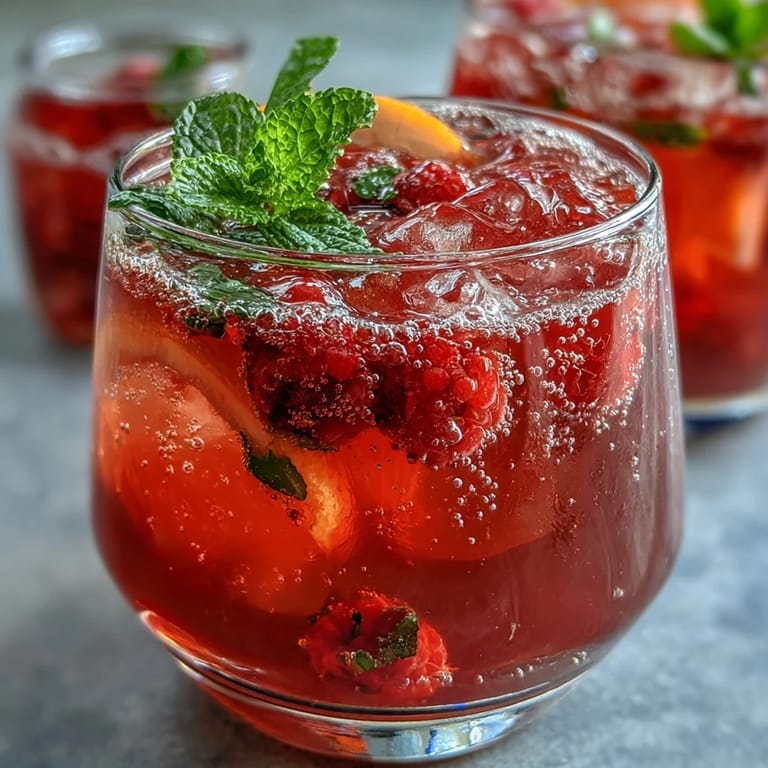 Refreshing nonalcoholic raspberry lemon spritz mocktail with muddled berries, zesty citrus, and bubbly soda served over ice.