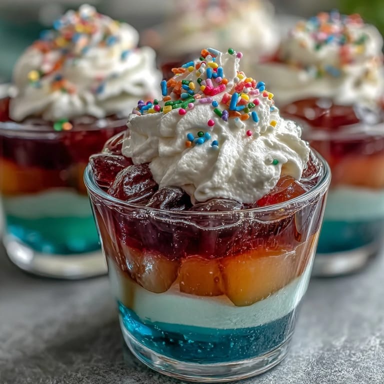 Vibrant rainbow Jello cups stacked in clear plastic cups, showcasing colorful fruity layers, ready for a fun kids' party dessert.