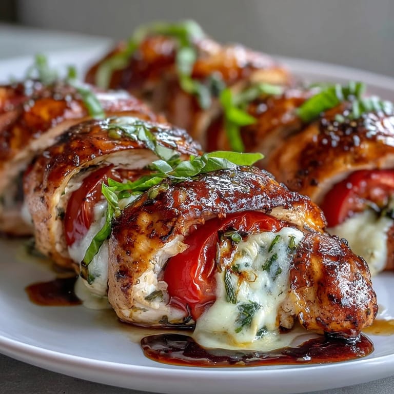 Baked caprese stuffed chicken breast showcasing layers of mozzarella, tomato, and basil, topped with glossy balsamic glaze for a summer dinner.