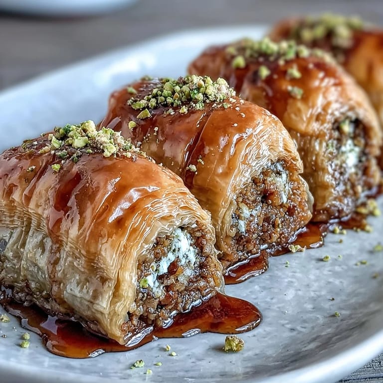 Irresistible Pistachio Baklava Rolls, freshly baked and topped with vibrant green nuts.