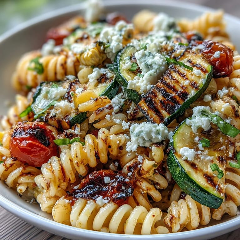 Smoky grilled zucchini and sweet corn pasta salad, perfect for summer BBQs.