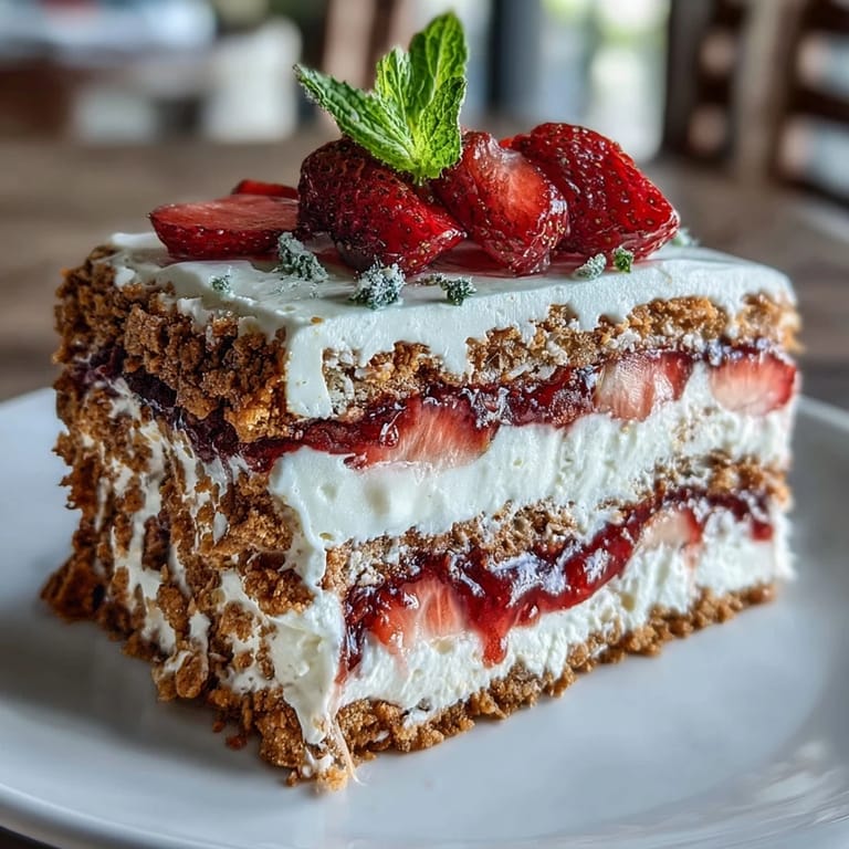 Decadent Memorial Day No-Bake Icebox Cake with fresh strawberries and fluffy whipped cream.