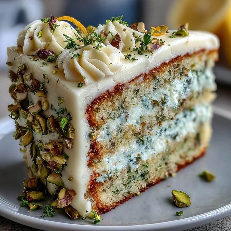 Zesty lemon and pistachio cake layers frosted festively for a spring birthday celebration.