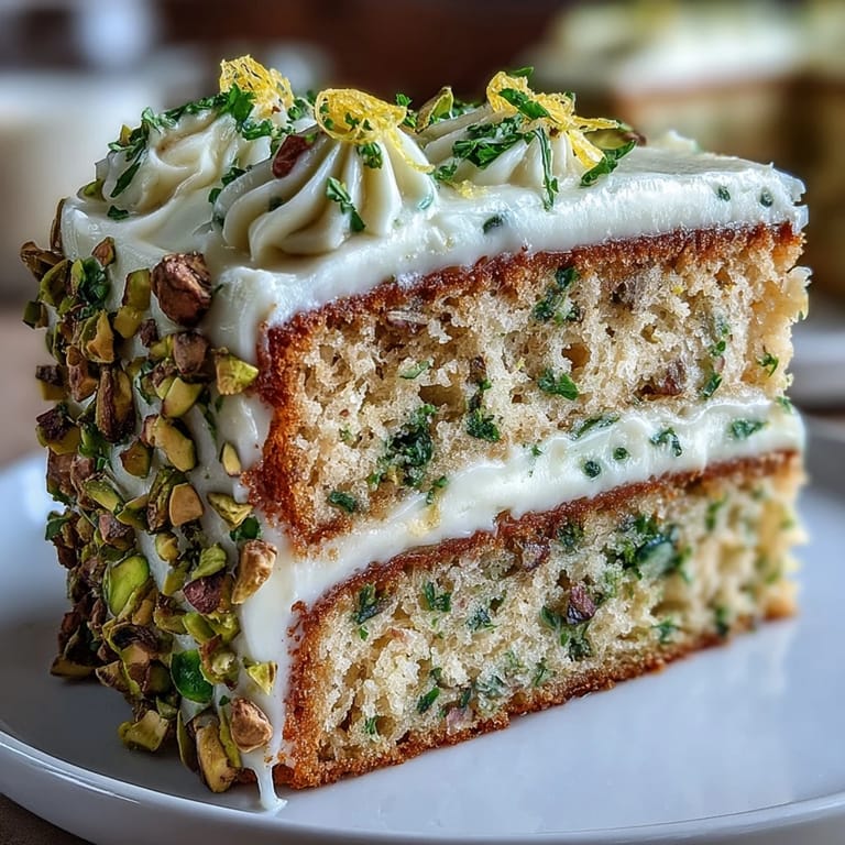 Close-up of a sliced Spring Birthday Lemon Pistachio Layered Cake with creamy frosting.
