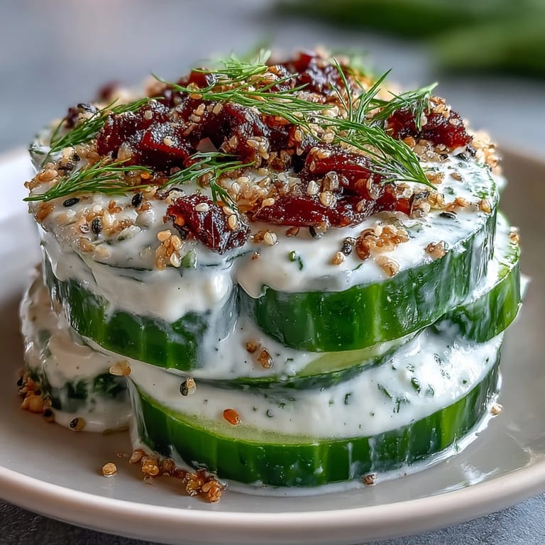 Tangy TikTok Cucumber Salad glistening with everything bagel seasoning, perfect for lunch.
