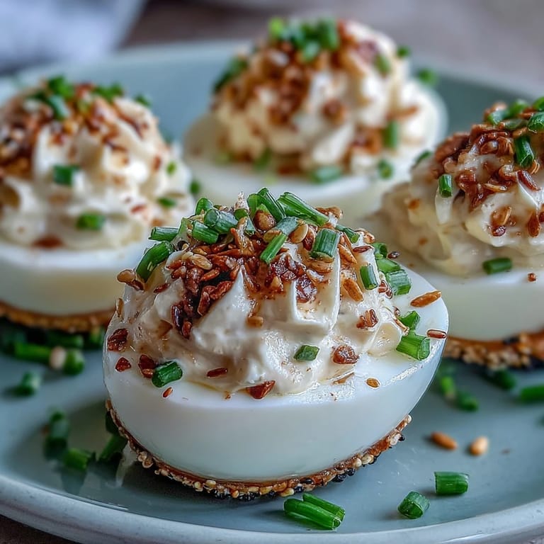 Appetizer of Everything Bagel Deviled Eggs with a sprinkle of chives.