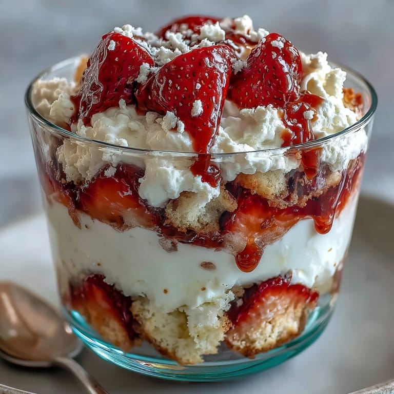 Beautifully assembled strawberry shortcake trifle showcasing vibrant fruit and creamy layers.