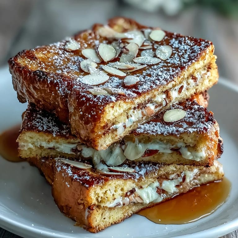 Decadent Almond Croissant French Toast, perfectly pan-fried with toasted almond crunch.