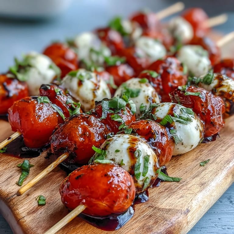 Juicy Caprese Skewers Appetizer drizzled with rich balsamic, ready to serve immediately.
