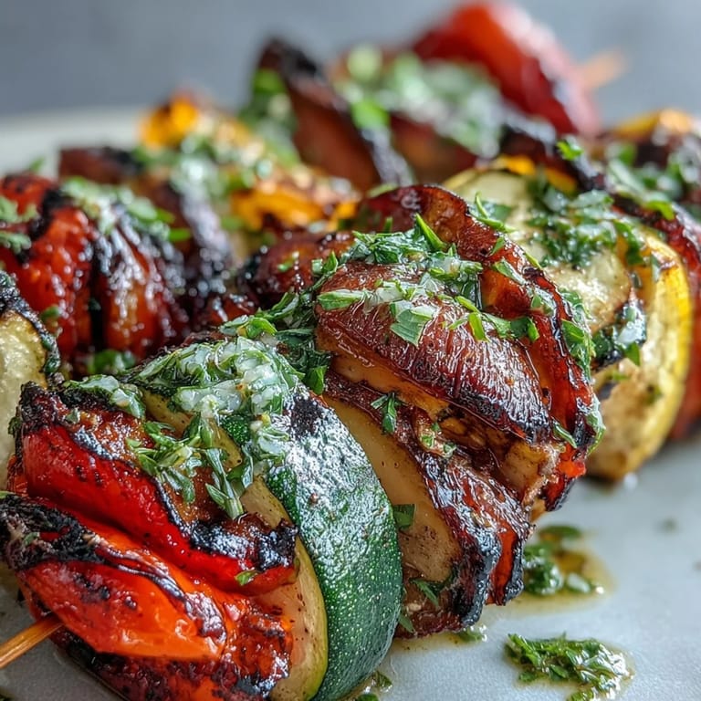 Colorful grilled veggie kabobs, showcasing summer produce with bright herb sauce.