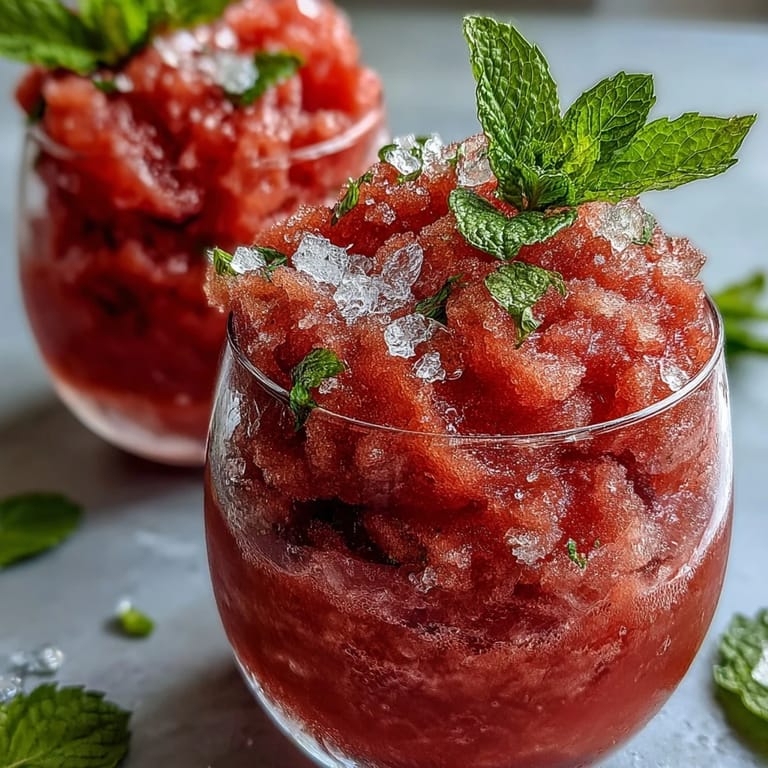 Chilled watermelon mint frosé, perfectly blended for a refreshing, icy treat.