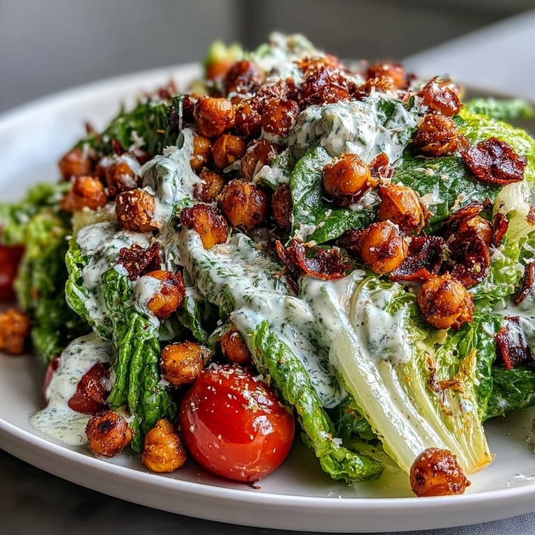 Enjoy a crunchy, savory Vegan Caesar Salad with roasted chickpea croutons for dinner.