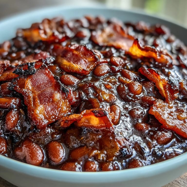 Rich, slow-cooked baked beans with bacon, molasses, a Southern staple.