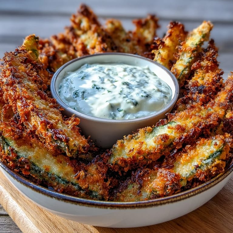 Crispy pickle fries, hot from the air fryer, with a zesty dipping sauce.