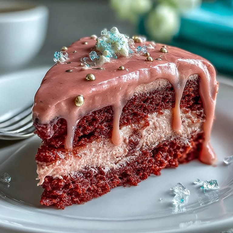 Generous slice revealing moist pink velvet cake from Bridal Shower Rosé recipe.