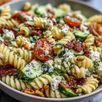 Vibrant lemon vinaigrette pasta salad with cucumbers and cherry tomatoes, tossed with fresh parsley and spring onions.