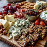 A vibrant charcuterie board with cured meats, cheeses, dips, and crackers for a housewarming celebration.  