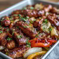 Sheet pan sausage and peppers sizzling with juicy sausages and sweet bell peppers, roasted to perfection for a hearty, colorful dinner.  