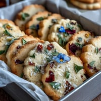 Floral shortbread cookies arranged in a gift box, decorated with edible flowers for Mother's Day.