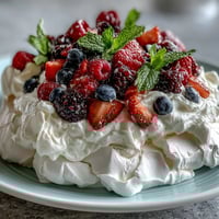 Beautiful pavlova with fresh berries and cream, a crisp meringue base topped with luscious whipped topping and vibrant spring fruit medley.