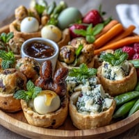 A vibrant Easter charcuterie board with mini cheese and meat baskets, fresh fruits, and pastel candies, perfect for spring celebrations.