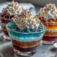 Rainbow Jello cups in clear glasses, layered with bright red, orange, yellow, green, blue, and purple Jello, topped with fluffy whipped cream and rainbow sprinkles.