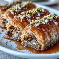 Golden Pistachio Baklava Rolls, layered with crunchy nuts and sweet syrup.