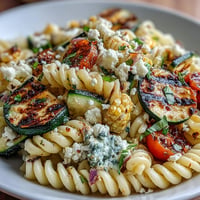 Vibrant pasta salad with grilled zucchini, corn, and salty Cotija cheese.
